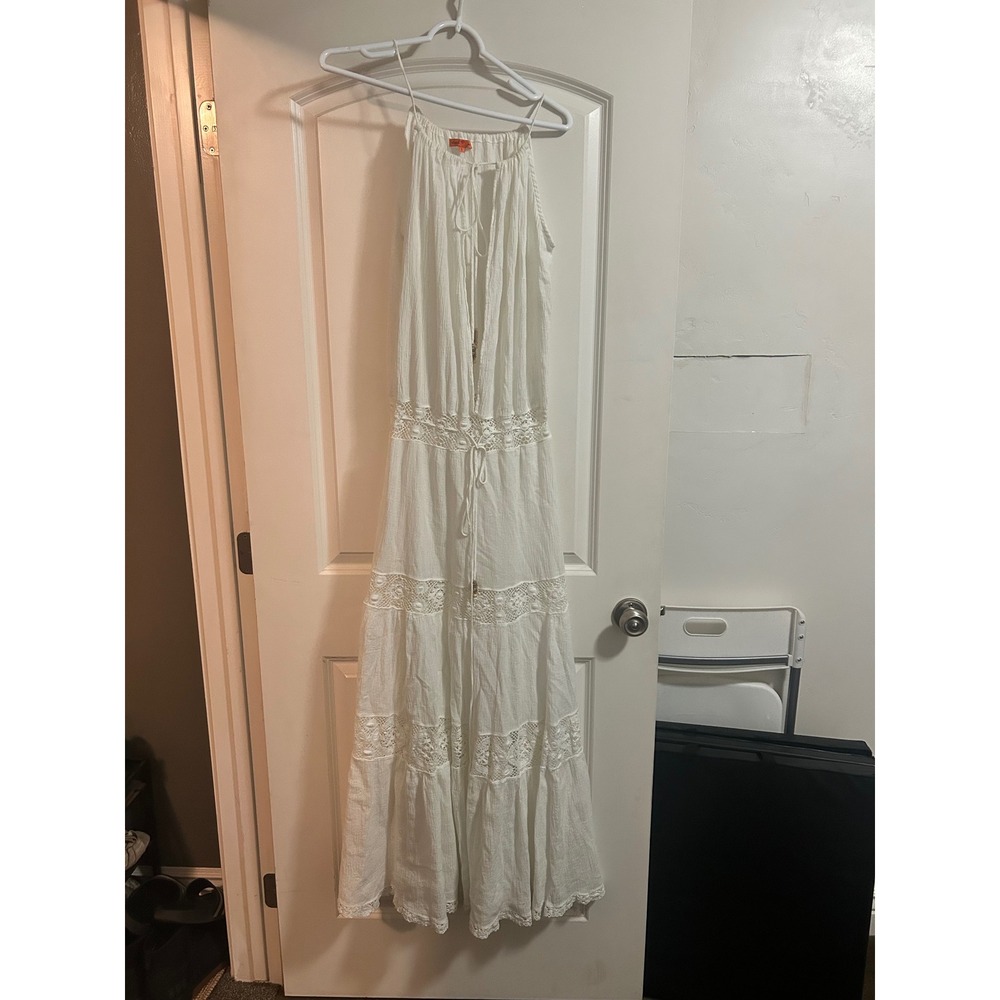 Michelle Jonas White Gauze Crochet Lace Tiered Bohemian Maxi Dress Large Boho